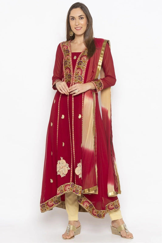Maroon Plus Size Georgette Embroidery Pant Style Suit NCSS10710625