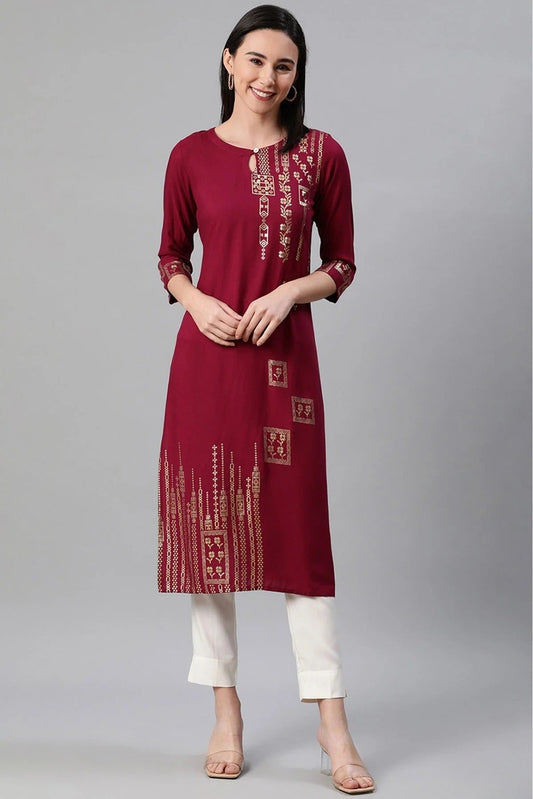 Maroon Plus Size Rayon Foil Print KurtiWith Pant Set NCKR10610130