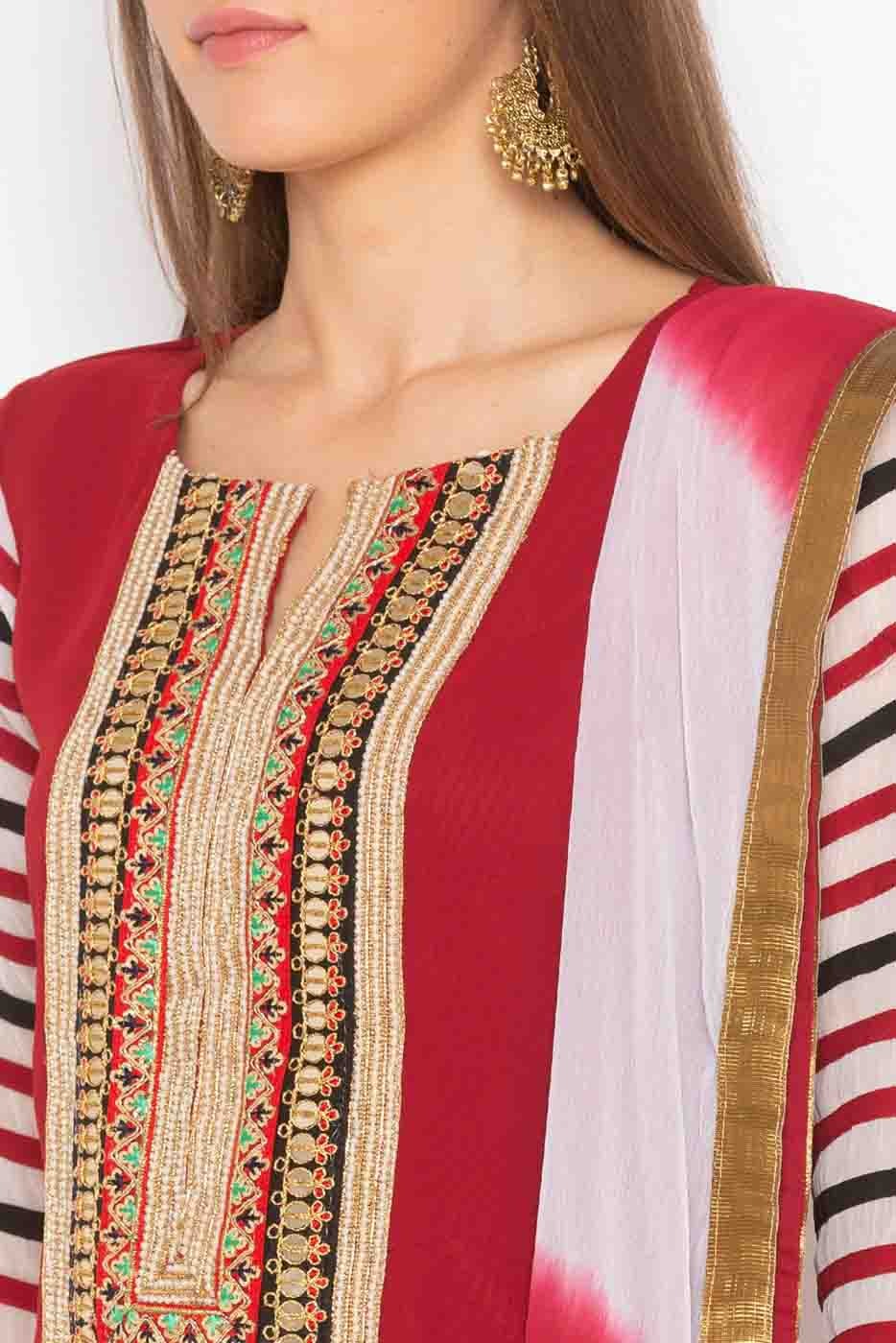 Maroon Plus Size Stitched Georgette Embroidery Palazzo Pant Suit NCSS10710522