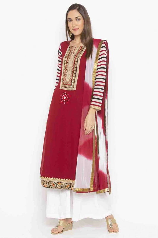 Maroon Plus Size Stitched Georgette Embroidery Palazzo Pant Suit NCSS10710522