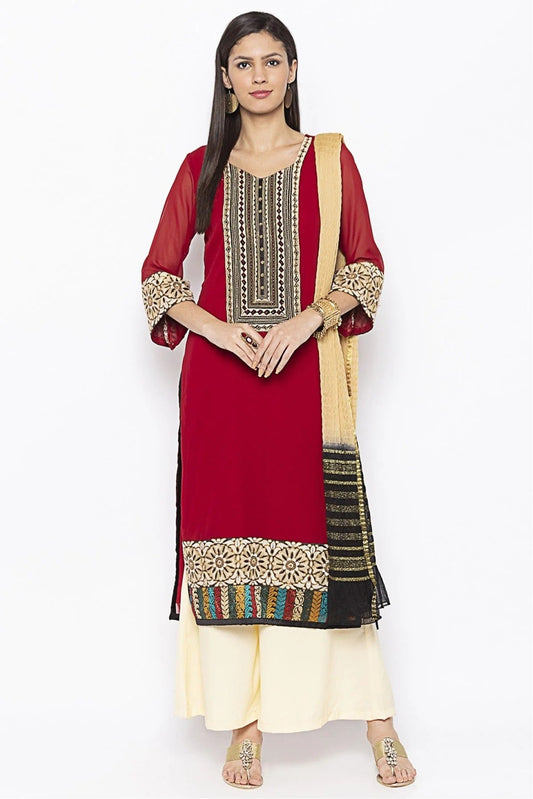 Maroon Plus Size Stitched Georgette Embroidery Palazzo Pant Suit NCSS10710561