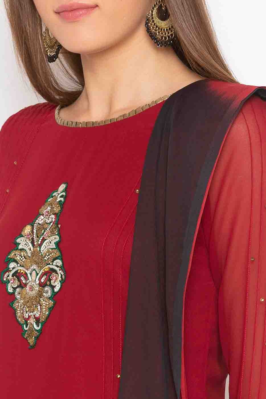 Maroon Plus Size Stitched Georgette Embroidery Palazzo Pant Suit NCSS10710608