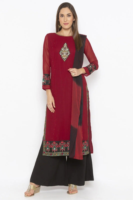 Maroon Plus Size Stitched Georgette Embroidery Palazzo Pant Suit NCSS10710608