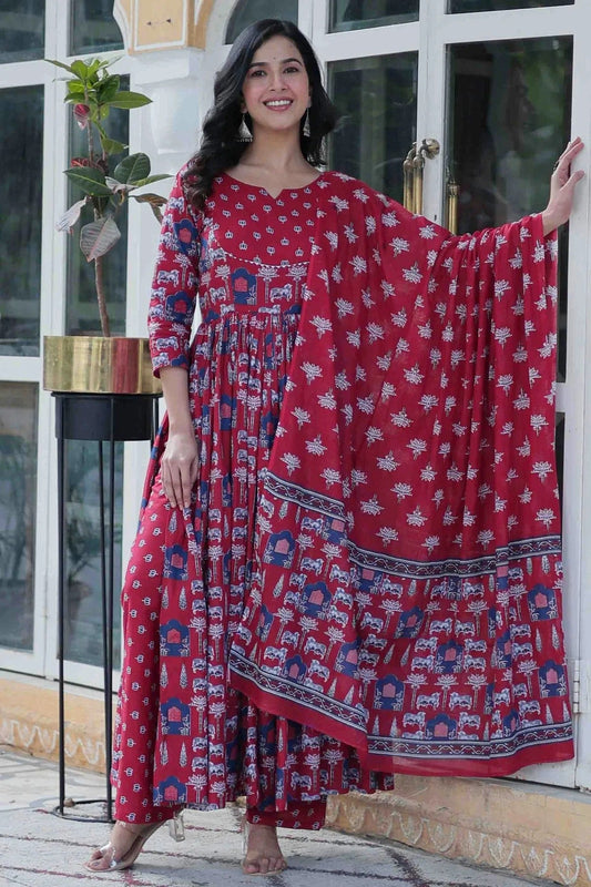 Maroon Printed Cotton Pant Style Suit NCSS11110511