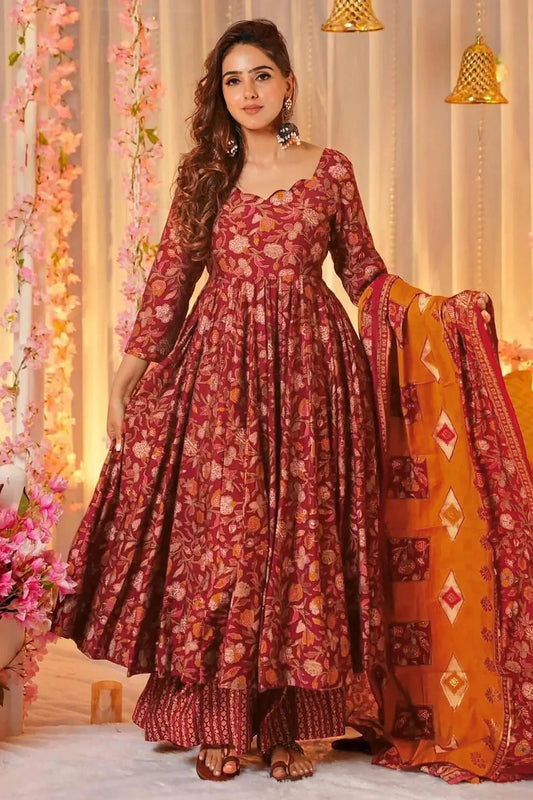 Maroon Printed Muslin Stitched Suit NCSS11111304