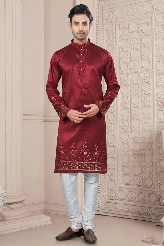 Maroon Pure Silk Kurta Pajama NCKP10410104