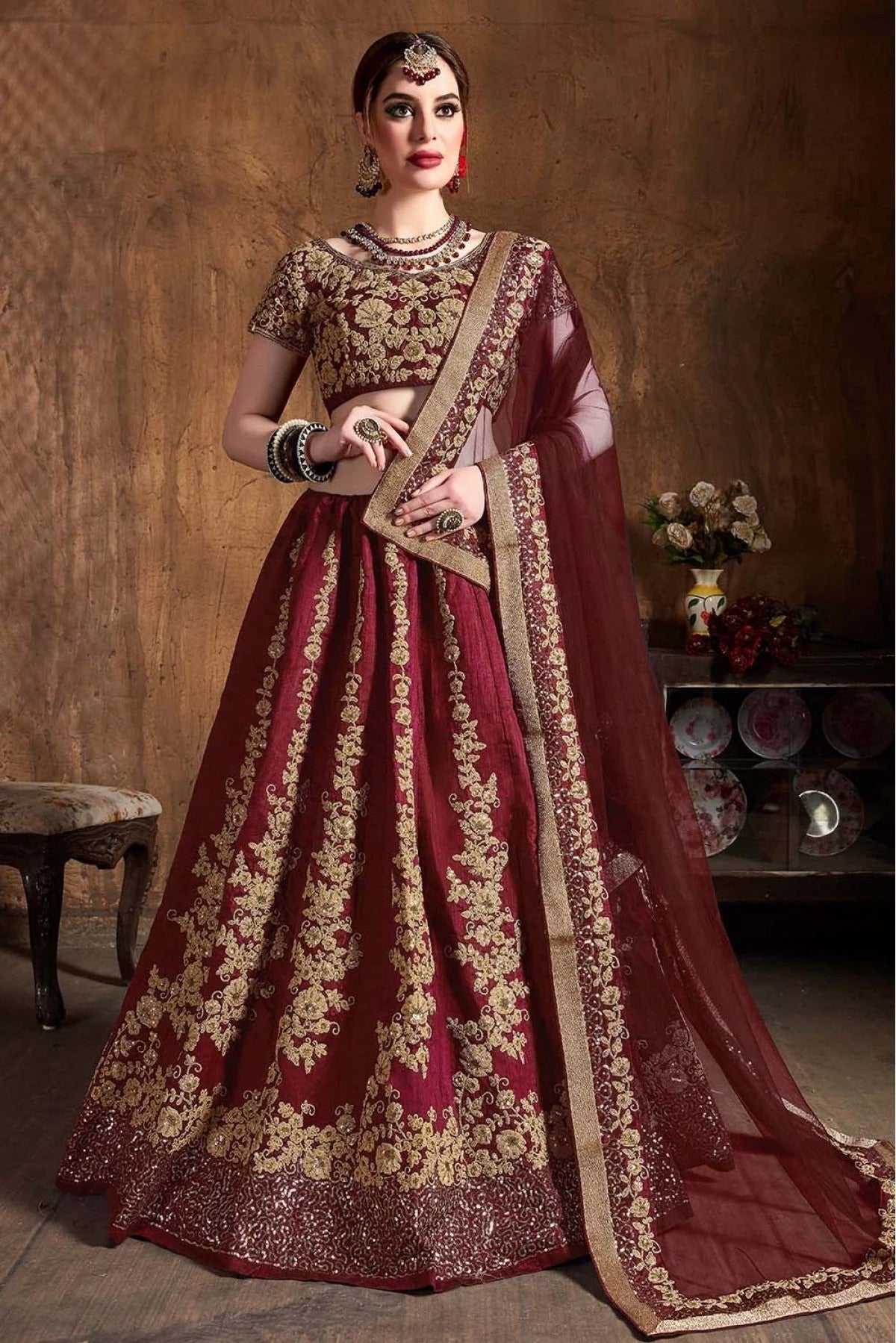 Maroon Raw Silk Lehenga Choli NCLC10110307