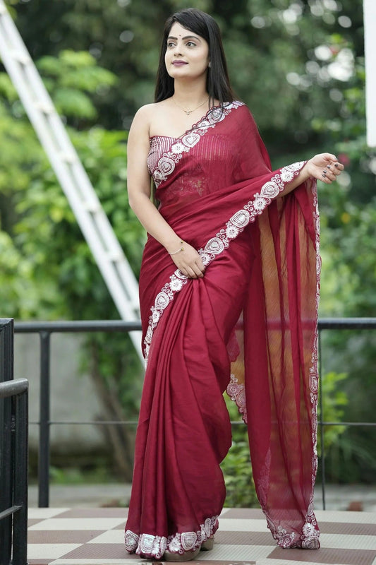 Maroon Satin Chiffon Designer Saree NCSD11112193