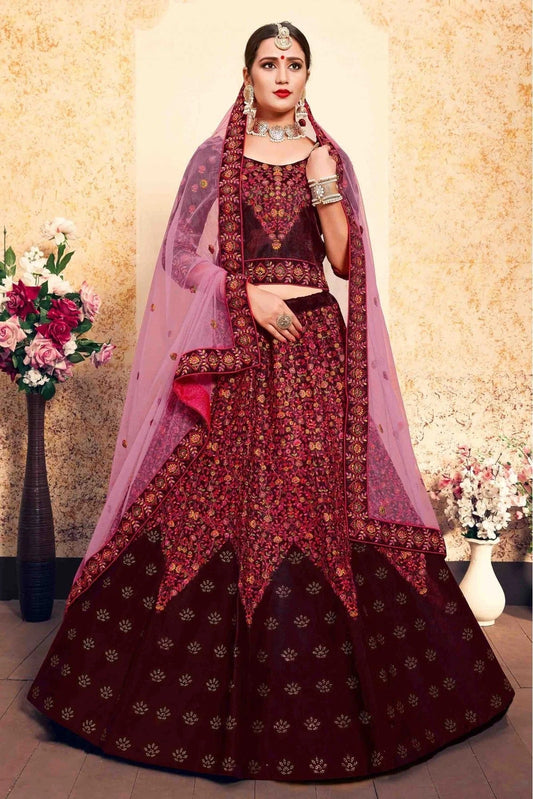 Maroon Satin Embroidery Lehenga Choli NCLC10810446