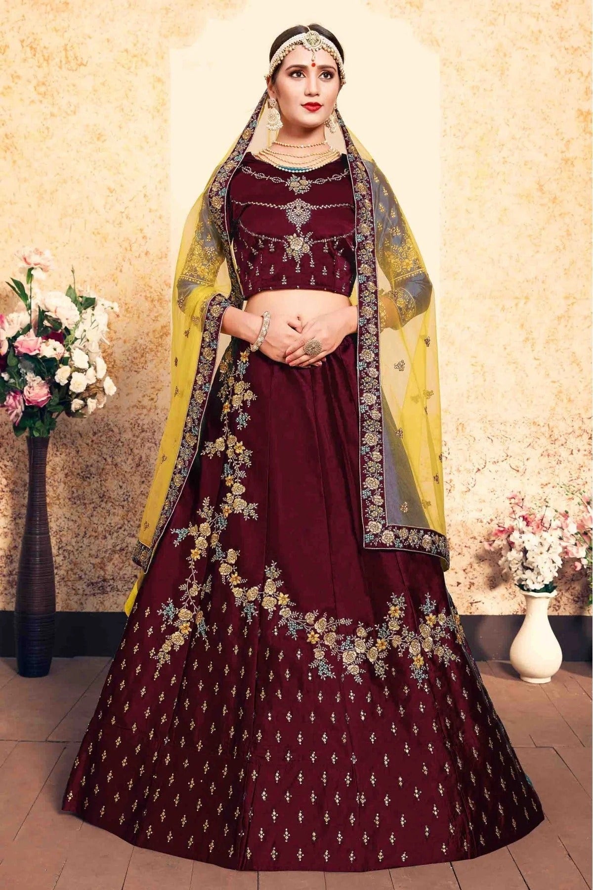 Maroon Satin Embroidery Lehenga Choli NCLC10810527
