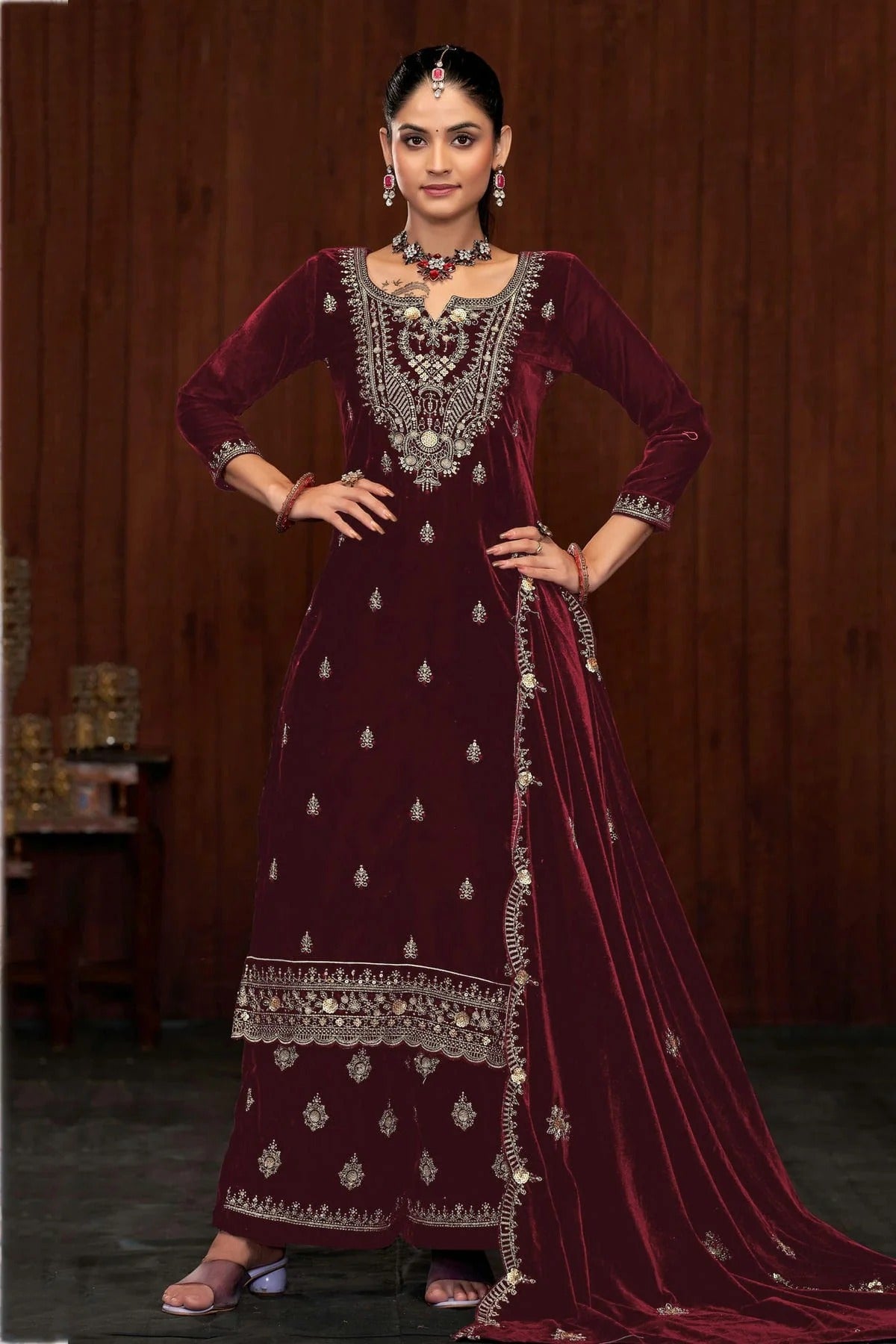 Maroon Semi Stitched 9000 Velvet Palazzo Pant Suit NCSM11410411