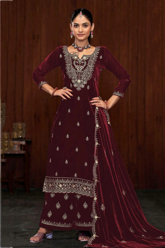 Maroon Semi Stitched 9000 Velvet Palazzo Pant Suit NCSM11410411