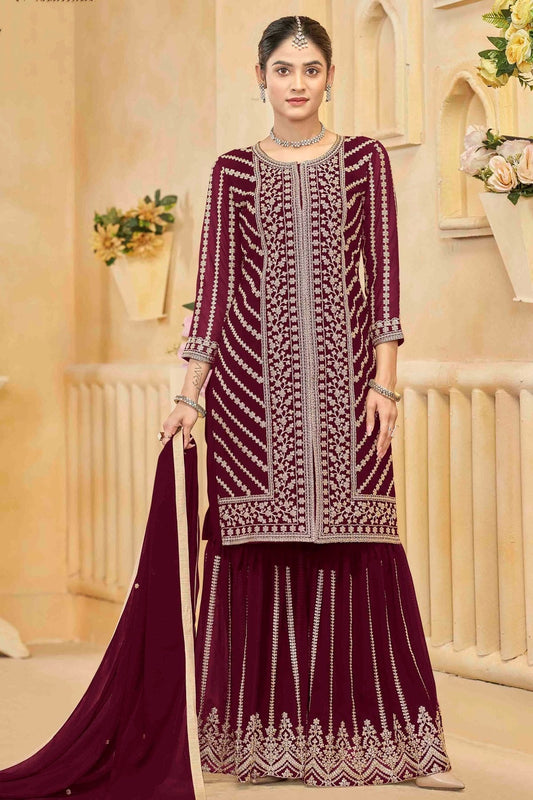 Maroon Semi Stitched Faux Georgette Sharara Suit NCSM10510103