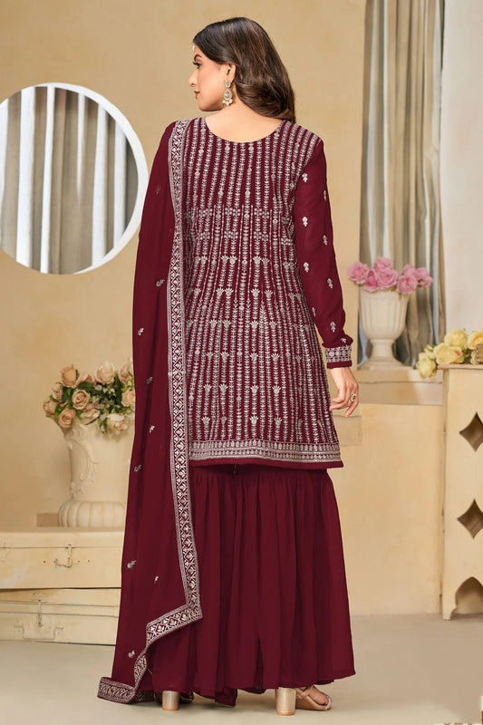 Maroon Semi Stitched Faux Georgette Sharara Suit NCSM10510262