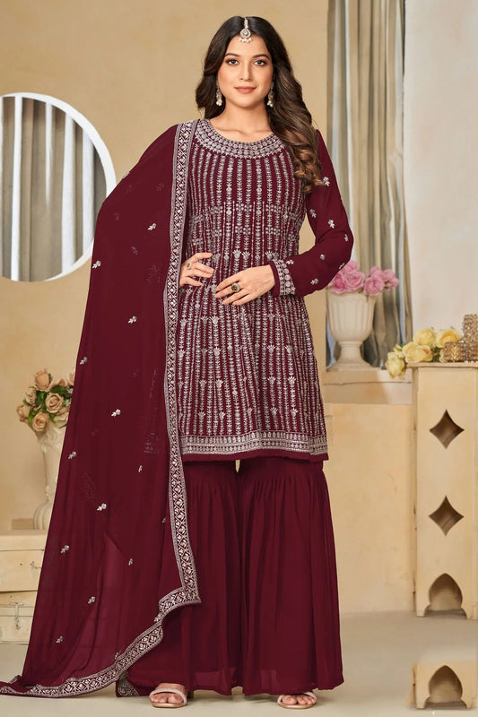 Maroon Semi Stitched Faux Georgette Sharara Suit NCSM10510262
