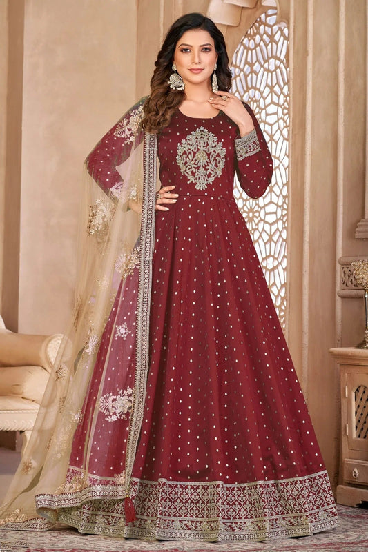 Maroon Semi Stitched Taffeta Silk Anarkali Suit NCSM10510299