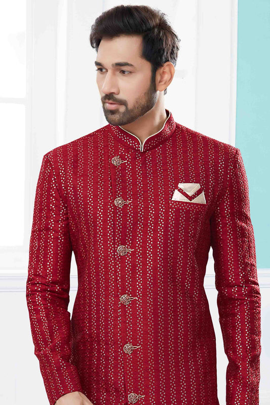 Maroon SherwaniIn Jacquard  NCSH10410517