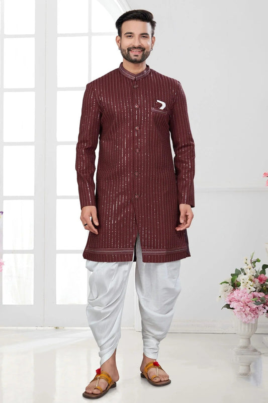 Maroon Silk Dupion Dhoti Sherwani NCSH10410171