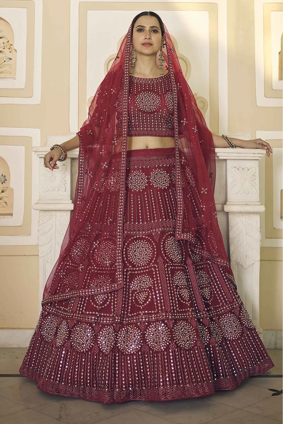 Maroon Soft Net Mirror Lehenga Choli NCLC10810495
