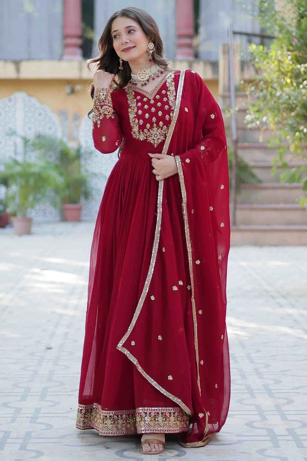 Maroon Stitched Faux Georgette Gown NCGW11111002