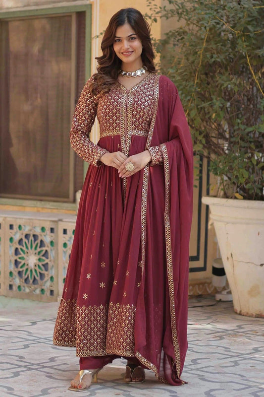 Maroon Stitched Faux Georgette Gown NCGW11111003