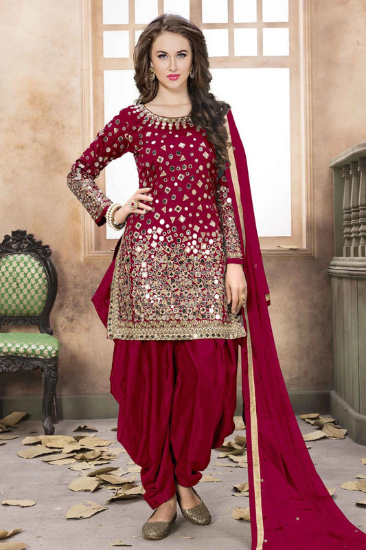 Maroon Taffeta Silk Embroidery Patiala Suit NCSM10510367