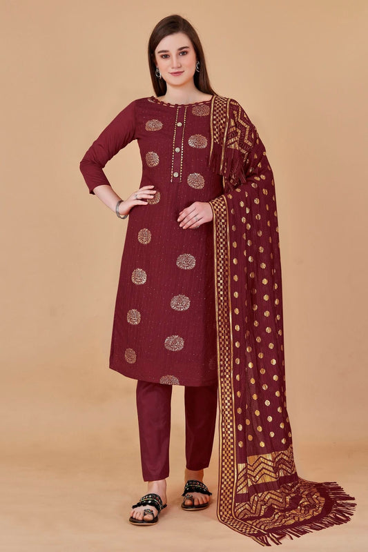 Maroon Unstitched Cotton Jacquard Straight Suit NCUS11610379