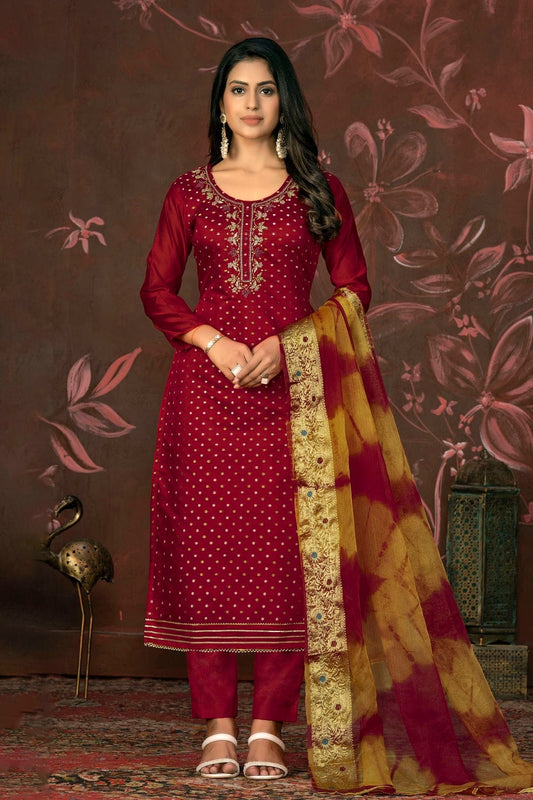 Maroon Unstitched Modal Cotton Pant Style Suit NCUS11610179