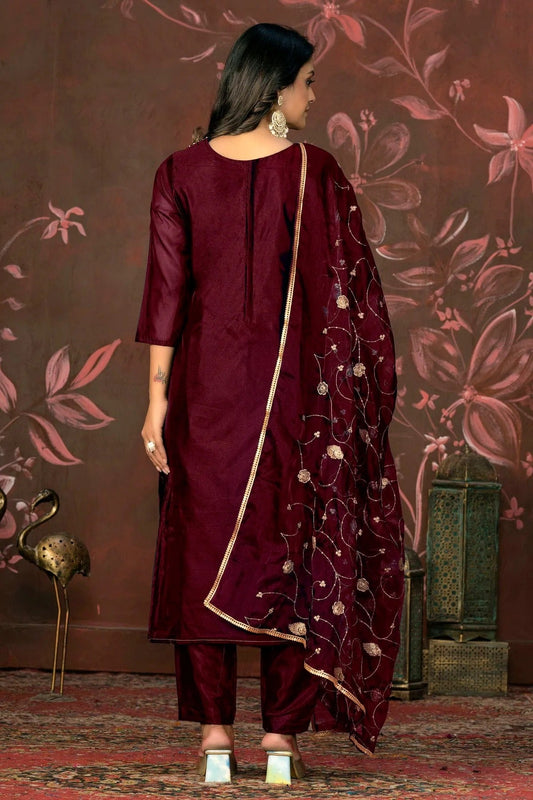 Maroon Unstitched Organza Jacquard Straight Suit NCUS11610141