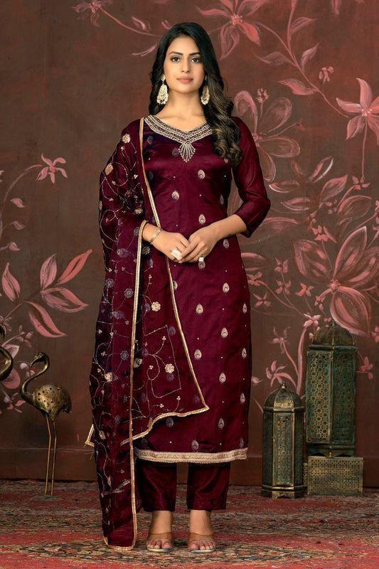 Maroon Unstitched Organza Jacquard Straight Suit NCUS11610141