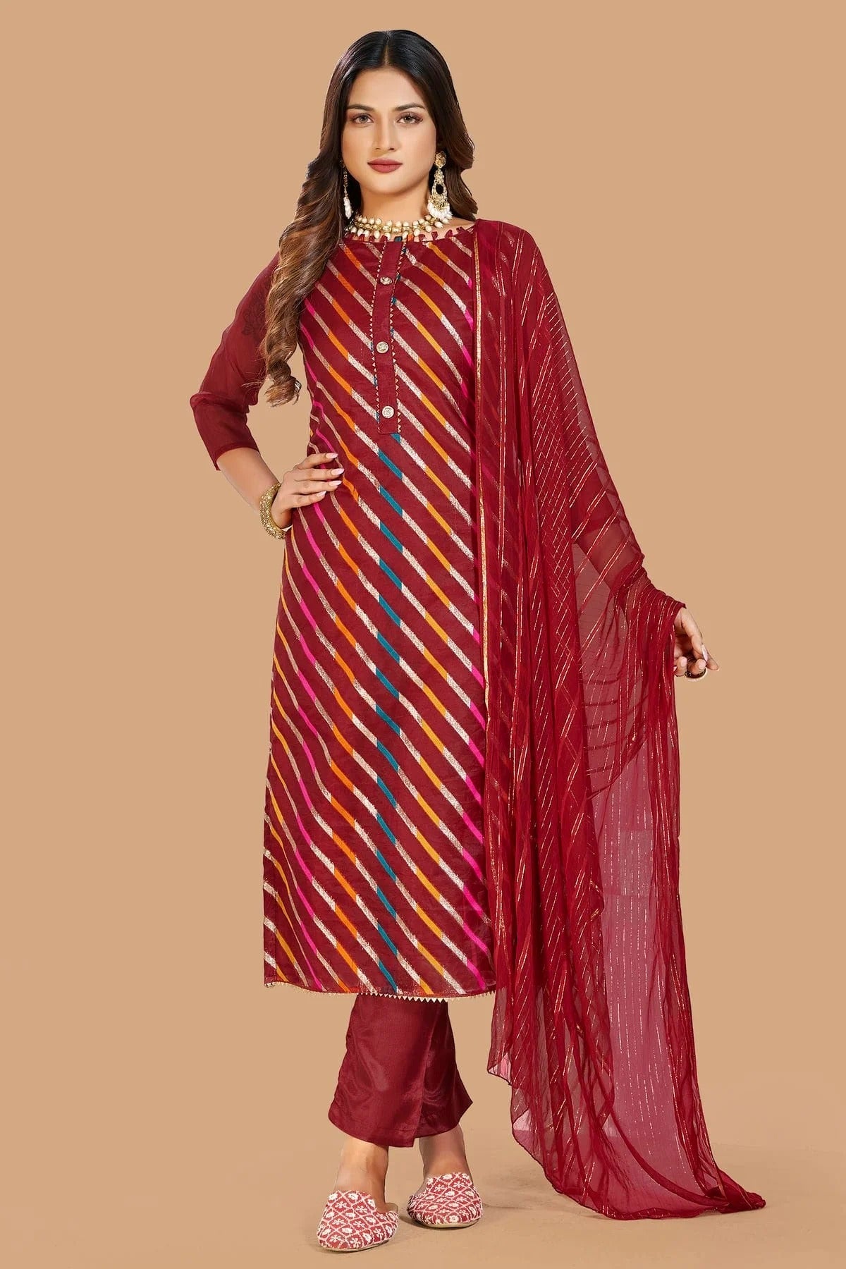 Maroon Unstitched Organza Jacquard Straight Suit NCUS11610299