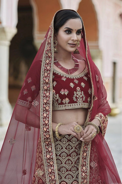Maroon Velvet Hand Lehenga Choli NCLC10810384