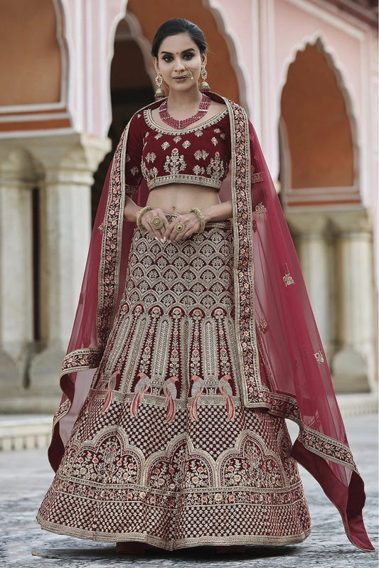Maroon Velvet Hand Lehenga Choli NCLC10810384