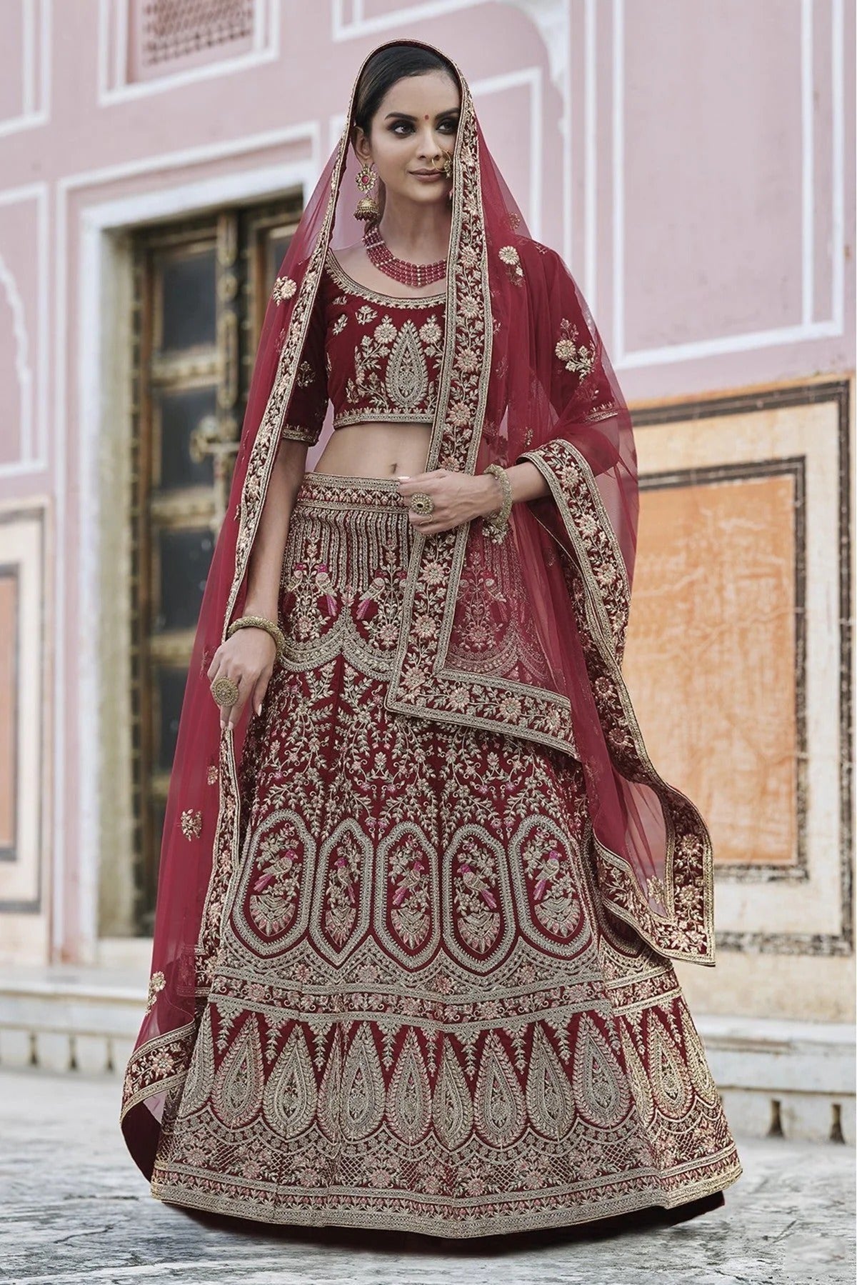 Maroon Velvet Hand Lehenga Choli NCLC10810387