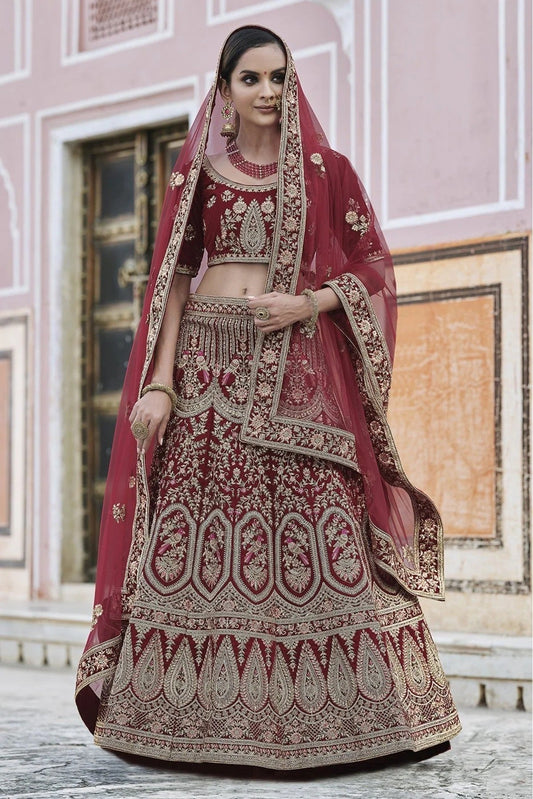 Maroon Velvet Hand Lehenga Choli NCLC10810387