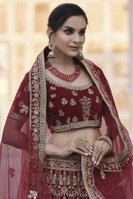 Maroon Velvet Hand Lehenga Choli NCLC10810390