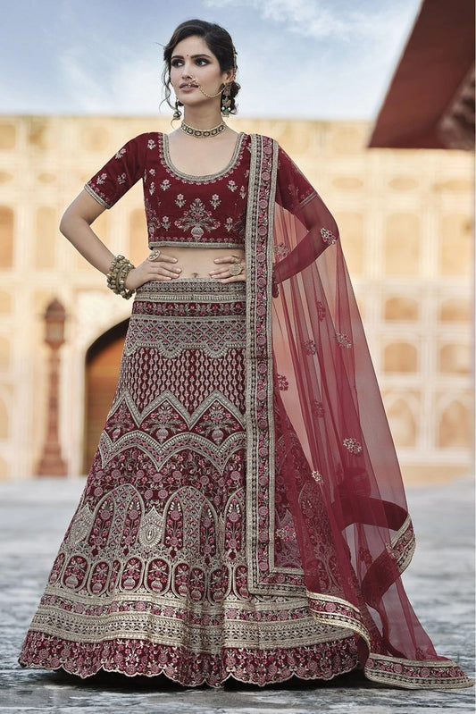 Maroon Velvet Hand Lehenga Choli NCLC10810396