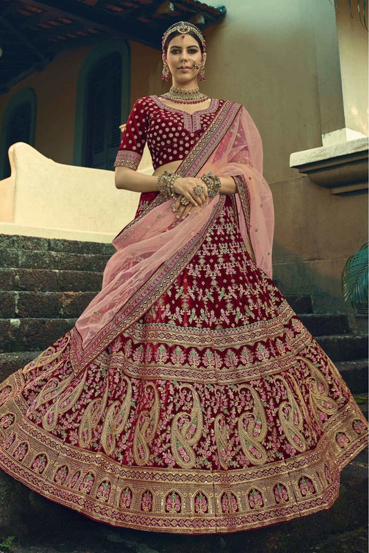 Maroon Velvet Hand Lehenga Choli NCLC10810469