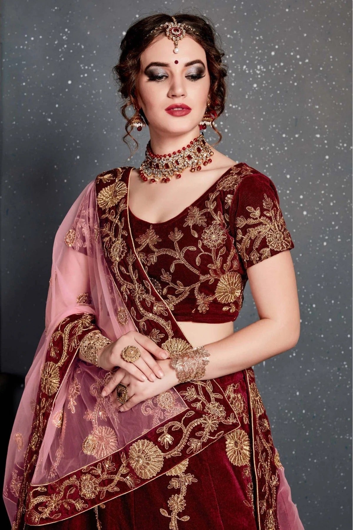 Maroon Velvet Lehenga Choli NCLC10110269