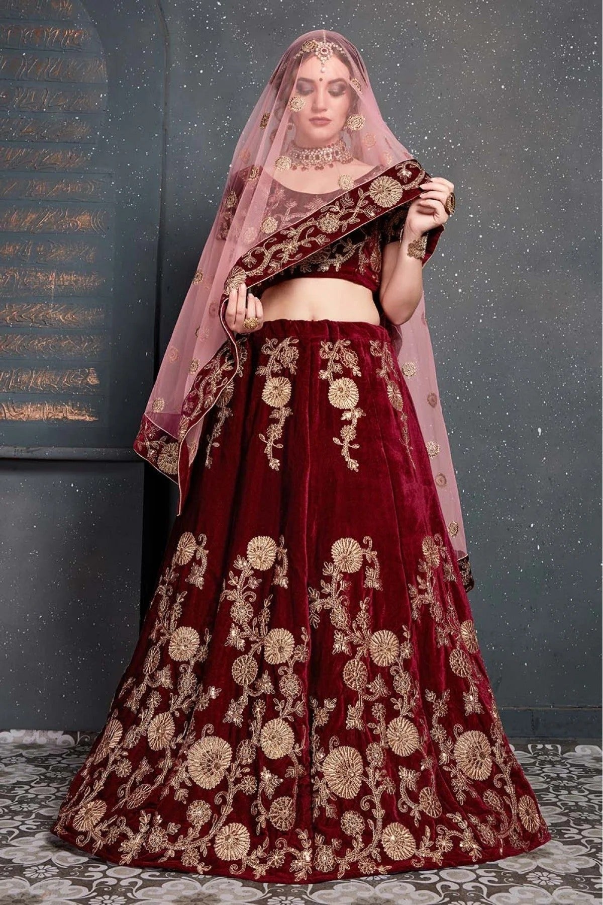 Maroon Velvet Lehenga Choli NCLC10110269