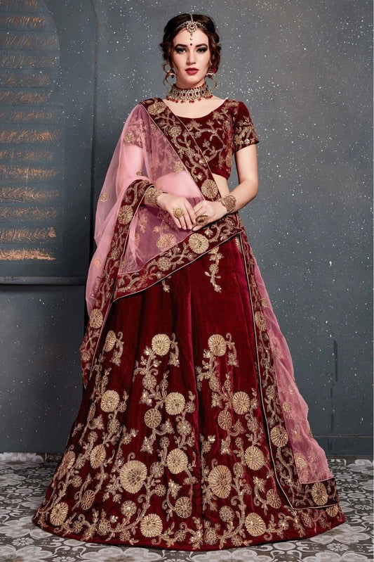 Maroon Velvet Lehenga Choli NCLC10110269