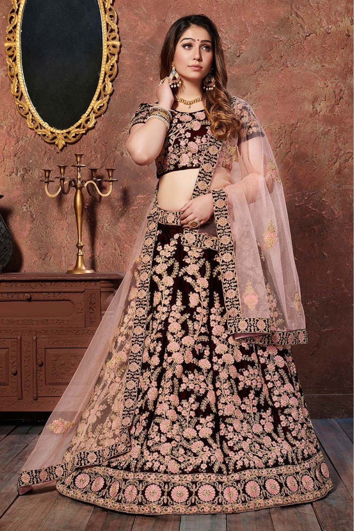Maroon Velvet Lehenga Choli NCLC10110281