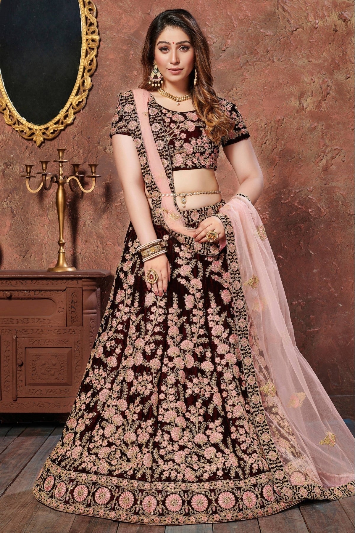 Maroon Velvet Lehenga Choli NCLC10110281