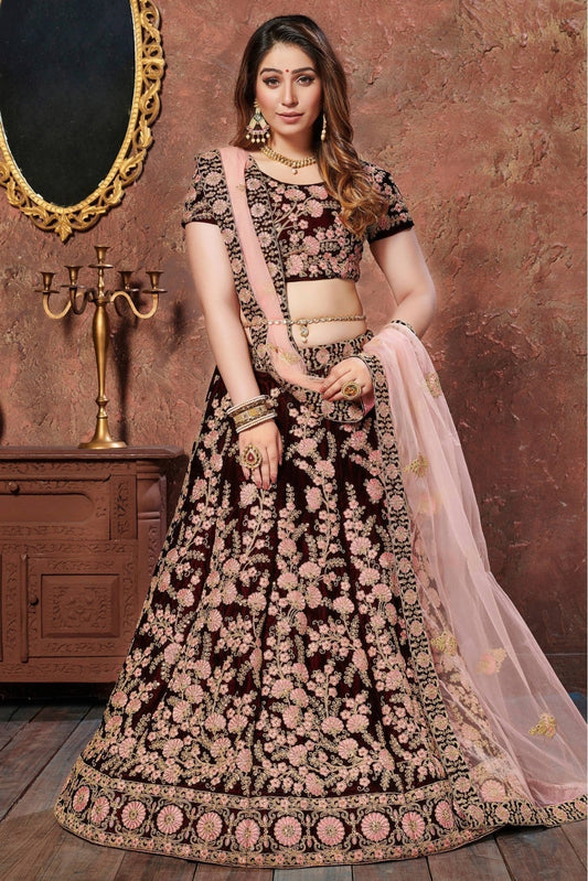 Maroon Velvet Lehenga Choli NCLC10110281