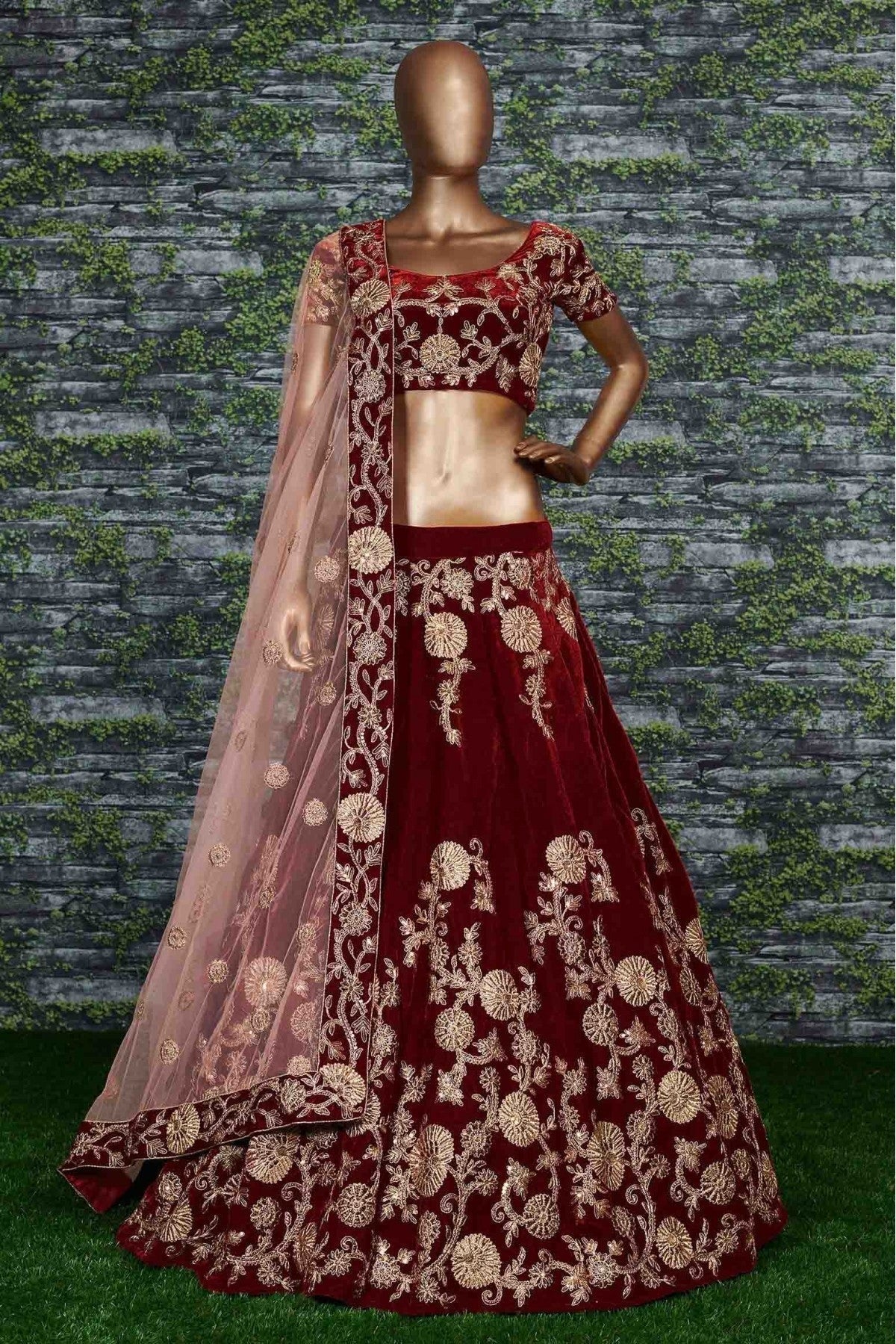 Maroon Velvet and Silk Lehenga Choli NCLC10110277