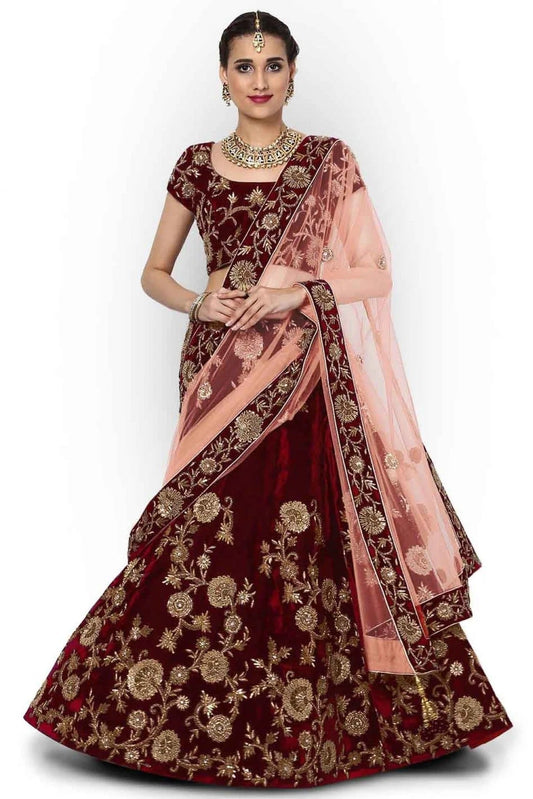 Maroon Velvet and Silk Lehenga Choli NCLC10110277