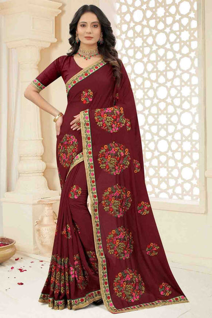 Maroon Vichitra Silk Embroidery Saree NCSD11210872