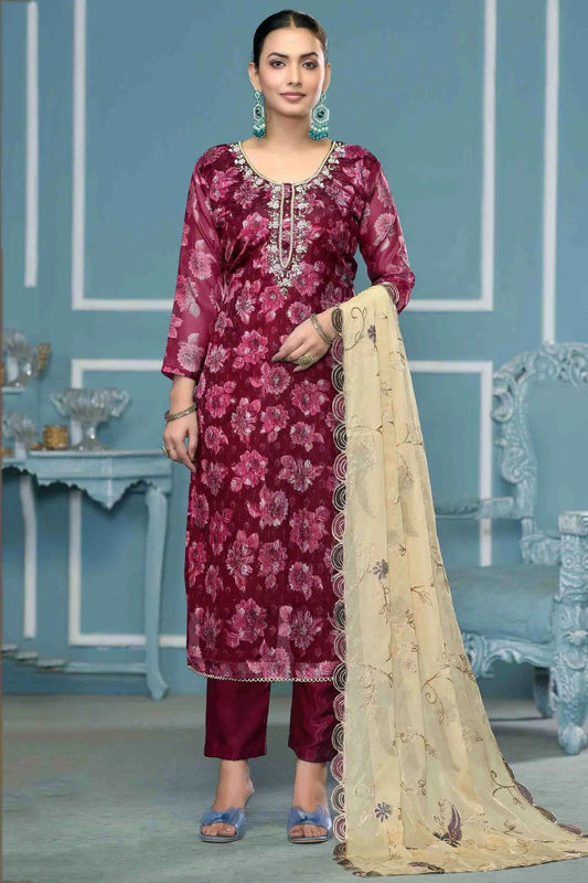 Maroon Viscose Banarasi Pant Style Suit NCSM11110718