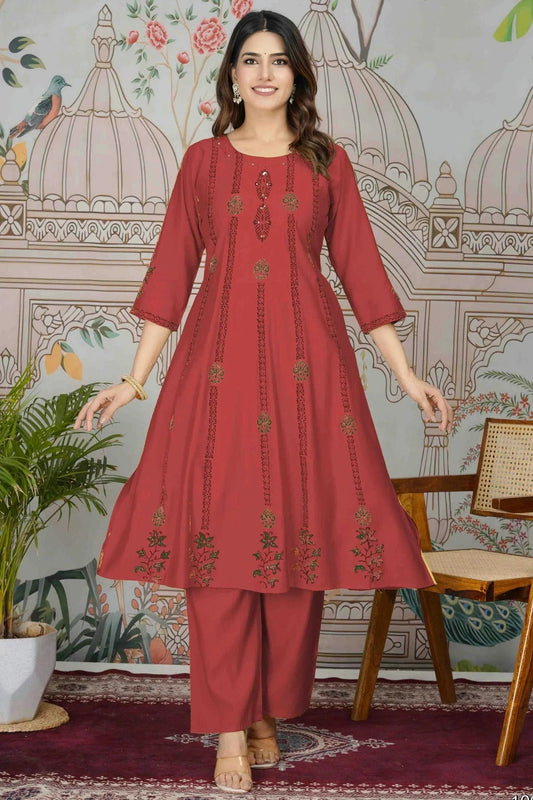 Maroon Viscose Roman Silk Stitched Top and Bottom  NCSS11110144