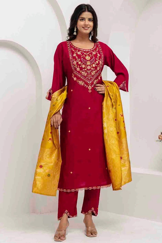 Maroon Viscose Silk Embroidery and Woven Pant Style Suit NCSS11110331